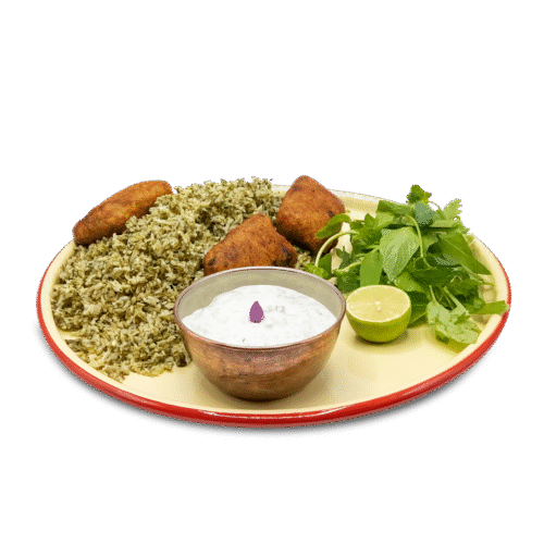 سبزی پلو با ماهی گیاهی + ماست خیار